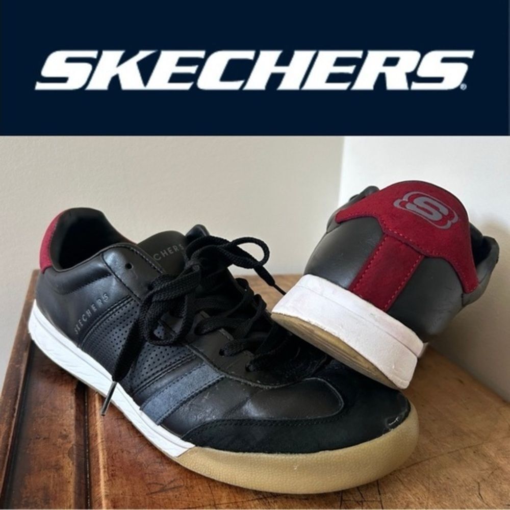 Skechers Zinger Leather Low Top Lace Up Lifestyle Black Red Sneakers Men's 11
